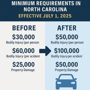 Infographic showing North Carolina’s new 2025 minimum auto insurance coverage increases to $50,000 per person, $100,000 per accident, and $50,000 for property damage, effective July 1, 2025.