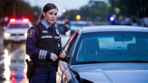 North Carolina police officer responding to a car accident scene after a rainstorm, illustrating new 2025 NC car insurance law changes that affect accident claims and coverage requirements
