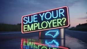 Sign reading “Sue Your Employer?” with outline of North Carolina glowing beneath, symbolizing workers’ compensation and employment law questions in North Carolina.