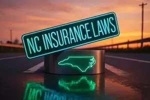 Sign in Eastern North Carolina that reads NC INSURANCE LAWS, representing car accident insurance claims, insurance coverage, and Under Insured Motorist - UIM Insurance in NC